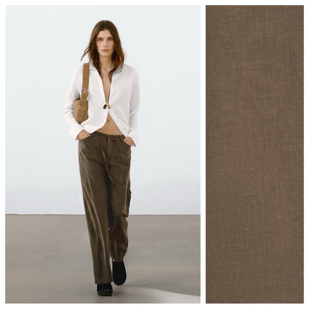 NWT. Massimo Dutti Khaki 100% Linen Mid-Rise Trousers with Pockets. Size 2.